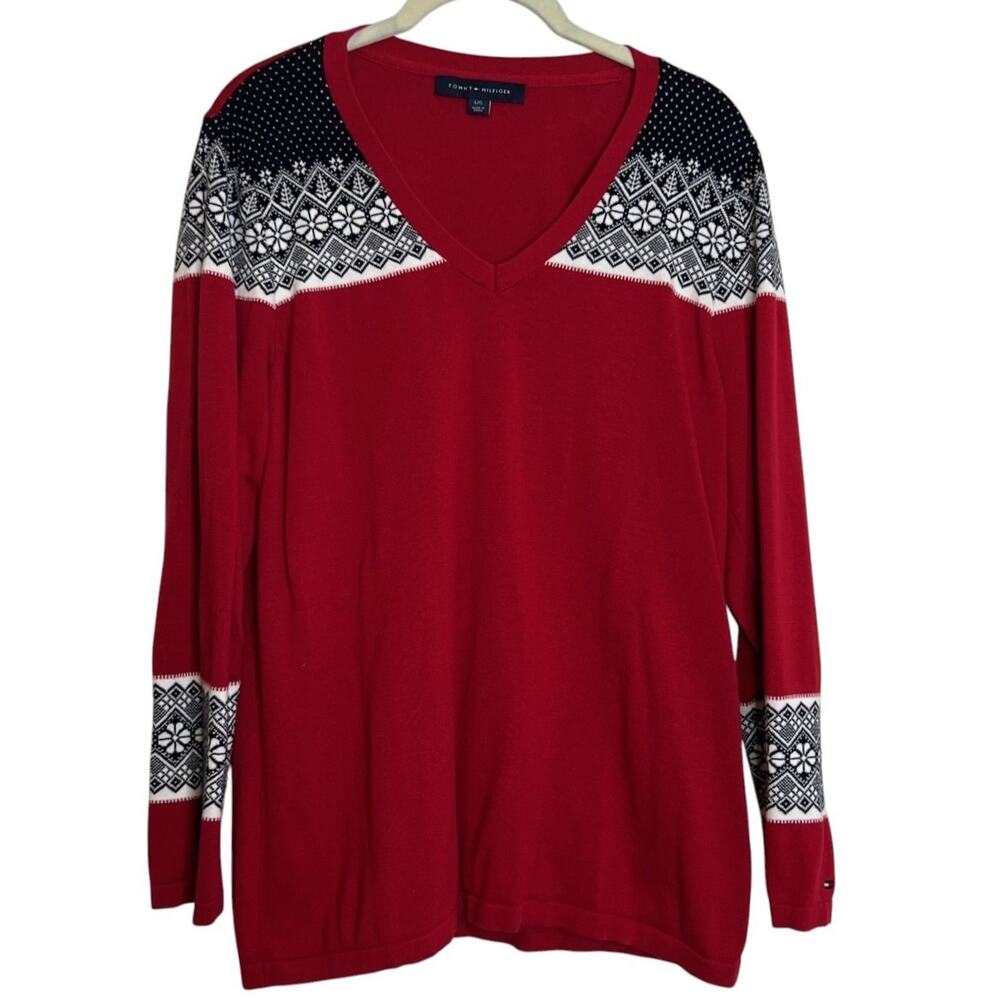 Tommy Hilfiger Womens Sweater L Red Fair Isle V-Neck Long Sleeve Cotton